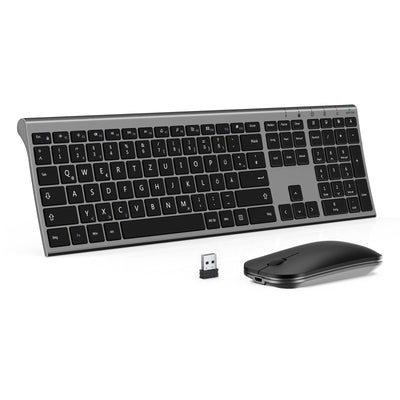 Kabelloses Tastatur Maus Set, seenda 2.4G Ultraflach Wireless Tastatur und Maus Aufladbar aus Aluminium, Deutsch QWERTZ Funktastatur Dünn für Windows/PC, Computer, Laptop, Smart-TV, Grau und Schwarz
