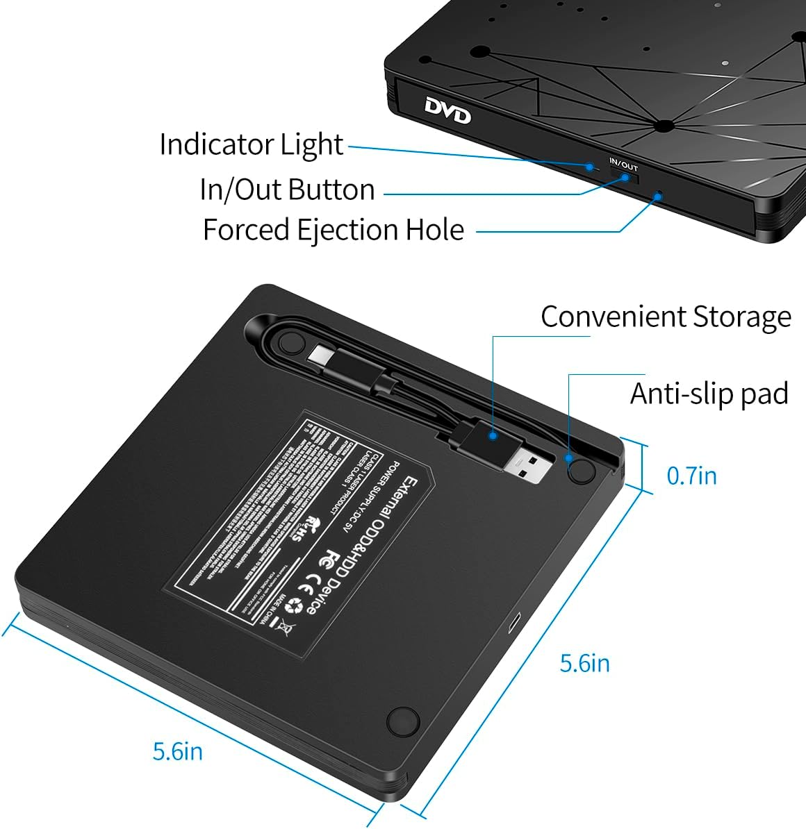 LMEN Externes CD DVD Laufwerk Extern mit USB 3.0 DVD für Laptop PC Computer Tragbar Externes DVD Laufwerk CD-ROM Brenner Extern mit niedrigem Lärm für Windows 11/10/7/8/XP Mac MacBook