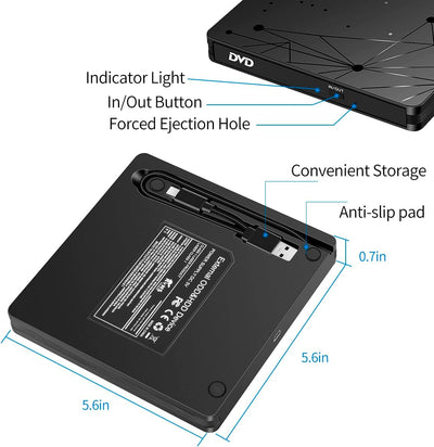 LMEN Externes CD DVD Laufwerk Extern mit USB 3.0 DVD für Laptop PC Computer Tragbar Externes DVD Laufwerk CD-ROM Brenner Extern mit niedrigem Lärm für Windows 11/10/7/8/XP Mac MacBook