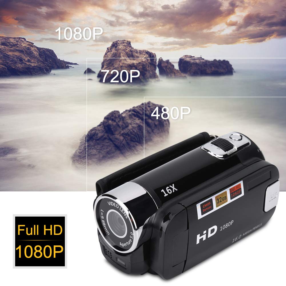 Focket Digitaler Camcorder, HD-Camcorder, Full-HD-Rotation, 270 °, 1080p, 16 x, tragbare DV-Videokamera mit Display von 6,9 cm (2,7 Zoll), für Camping zu Hause (EU-Stecker, schwarz)