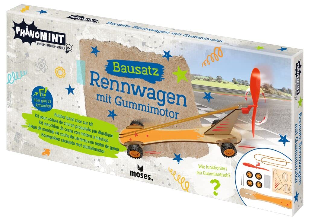 moses 30343 PhänoMINT Bausatz Gummimotor, Rennwagen-Bastelsets mit spannenden wissenschaftlichen Hintergrundinformationen, Holz-Spielzeug zum Selberbauen für Kinder ab 8 Jahren, Mittel