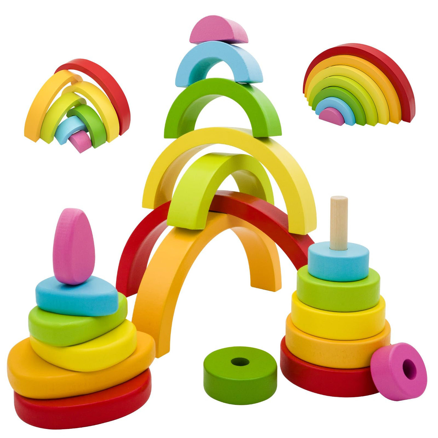 RunHero 3-in-1 Montessori Stapelspielzeug Holzbausteine Regenbogen Motorikspielzeug Grimms Bauklötze ab 1 Jahr Baby Geschenk für 2 3 4 5 Jahr Kinder
