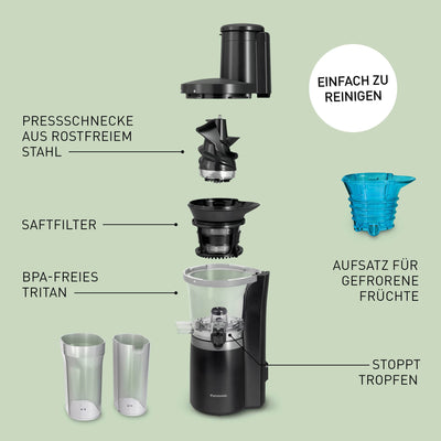 Panasonic Slow Juicer MJ-L700KXE, elektrische Fruchtpresse, Entsaften von ganzen Früchten und Gemüse, 75-mm Öffnung, schlankes Design, sicher und praktisch, Schwarz, Mattschwarz