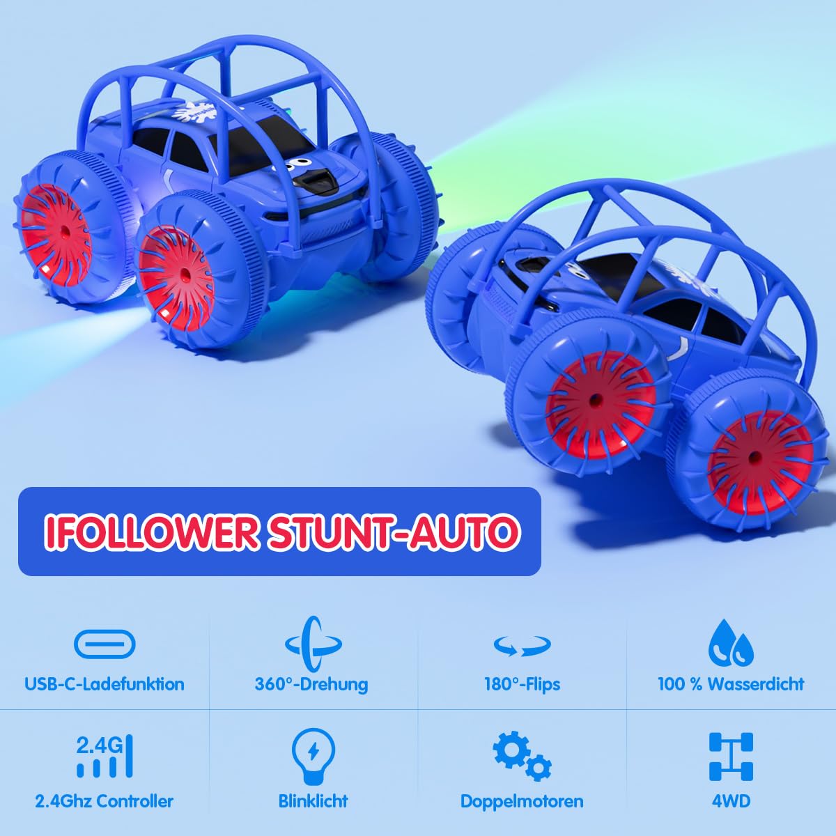 ifollower Direktladung Ferngesteuertes Auto 2.4GHz 4WD Amphibienfahrzeug mit LED-Licht,360° Drehung Stunt Monstertruck Strand Wasser Outdoor Spielzeug Geschenk für Kinder Jungen Mädchen ab 3-12 Jahre