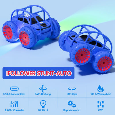 ifollower Direktladung Ferngesteuertes Auto 2.4GHz 4WD Amphibienfahrzeug mit LED-Licht,360° Drehung Stunt Monstertruck Strand Wasser Outdoor Spielzeug Geschenk für Kinder Jungen Mädchen ab 3-12 Jahre