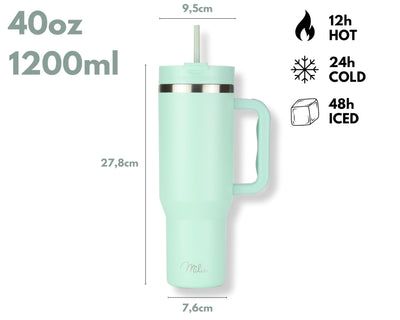 Milu Thermobecher 1200ml mit Strohhalm & Henkel, 24h Eisgekühlt / 12h heiß Edelstahl Tumbler 40oz mit Griff, Isolierbecher to go, Trinkflasche doppelwandig isoliert (Mellow Mint, 1200ml)