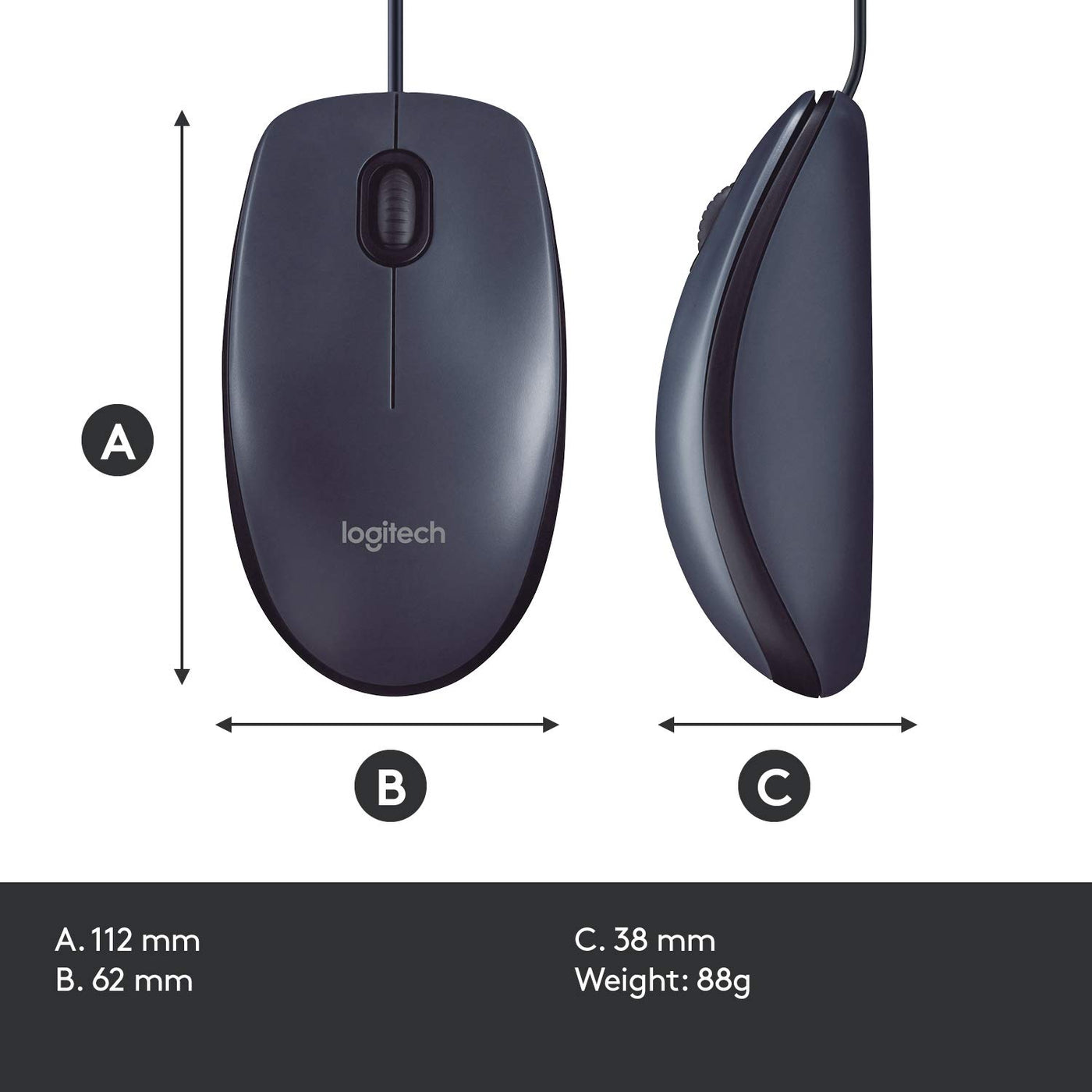Logitech B100 Maus mit Kabel, USB-Anschluss, 800 DPI Optischer Sensor, 3 Tasten, Für Links- und Rechtshänder, PC/Mac - Schwarz