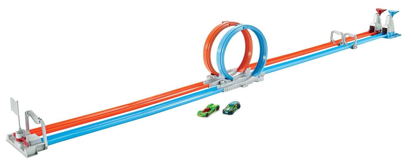 HOT WHEELS Zweispurige Looping Rennstrecke, gerade Trackteile, große Loopings und 2 Spielzeugfahrzeuge im Maßstab 1:64 für Kinder von 5 bis 10 Jahren, GFH85