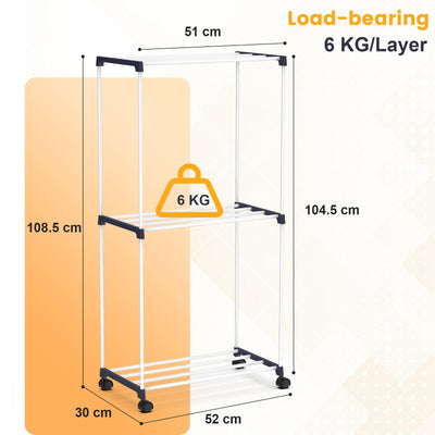johgee Kleines Wäscheständer, Freistehender Handtuchhalter, Platzsparender Wäschetrockner Turm mit Rollen, Indoor-Trockenständer für Bäder, Wohnungen und Waschküchen 3 Ebenen
