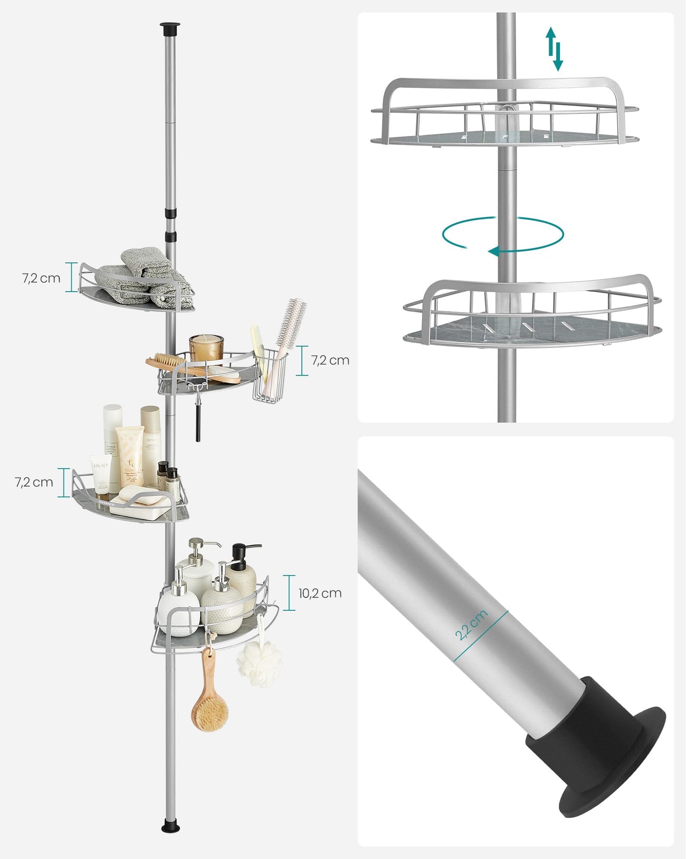 SONGMICS Duschregal, Badregal, Duschablage ohne Bohren, Gesamthöhe 80-323 cm, mit 4 Ebenen, Regal höhenverstellbar, für Badezimmer, Taubengrau BCB003E01
