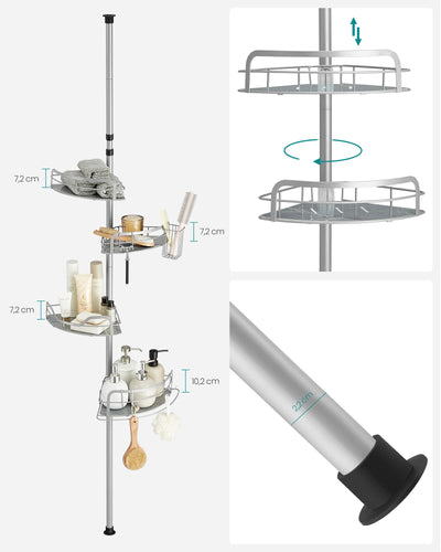 SONGMICS Duschregal, Badregal, Duschablage ohne Bohren, Gesamthöhe 80-323 cm, mit 4 Ebenen, Regal höhenverstellbar, für Badezimmer, Taubengrau BCB003E01
