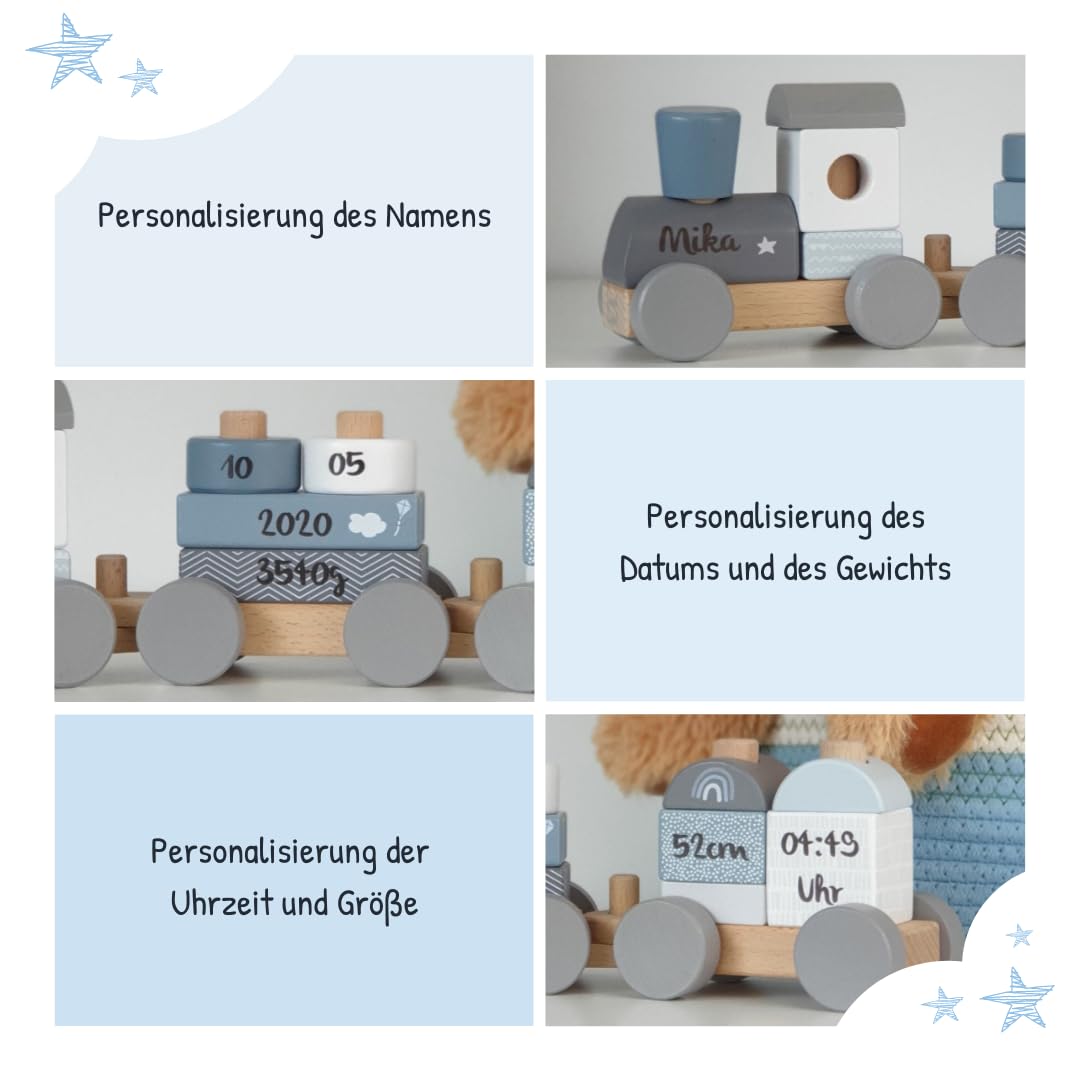 Mainely Personalisierbare Holz-Eisenbahn zur Taufe Blau 41×5×11 cm – Erinnerungs-Deko & Holzzug – für Babys & Kleinkinder – mit Namen personalisiert – Label Label