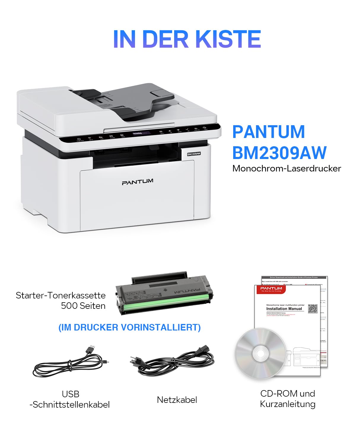 PANTUM BM2309AW Multifunktions-Laserdrucker, Schwarz-Weiß, Drucken Scannen Kopieren 3in1 mit ADF, WLAN &USB, A4, 20ppm, Inklusive 500-Seiten-Starter-Tonerkartusche