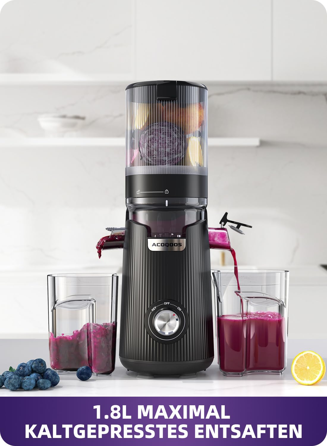 ACOQOOS Entsafter, Entsafter für Ganze Gemüse und Obst, 135 mm Breite und Größere Fütterungsröhre, 1,8 L Füllvolumen, Leicht zu Reinigender Slow Juicer mit 2 Gläsern, Elektrische Saftpresse Schwarz
