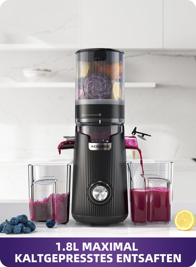 ACOQOOS Entsafter, Entsafter für Ganze Gemüse und Obst, 135 mm Breite und Größere Fütterungsröhre, 1,8 L Füllvolumen, Leicht zu Reinigender Slow Juicer mit 2 Gläsern, Elektrische Saftpresse Schwarz