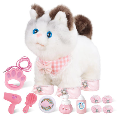 RuiDaXiang Elektronische Walking Plüsch Spielzeug Katze mit Fernbedienung Leine, realistische interaktive Begleiter Haustier Katze mit Zubehör, für 3-6 Jahre Jungen & Mädchen