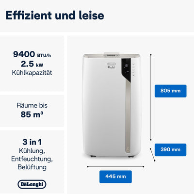 De'Longhi Pinguino PAC EX93 sehr leises Klimagerät mit Abluftschlauch, Whisper Technology - mobile Klimaanlage für Räume bis 85m³, 60dB(A), 3 Ventilatorgeschwindigkeiten, Entfeuchtungsfunktion, Weiß