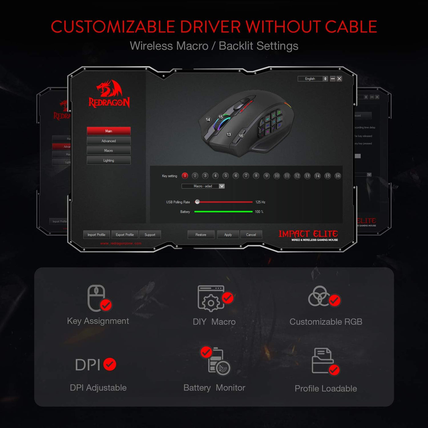 Redragon M913 Impact Elite Wireless Gaming Maus, 16000 DPI Verkabelte/Kabellose RGB Maus mit 20 Programmierbaren Tasten, 45 Std. Batteriebetrieb und Optischem Pro-Sensor, 12 Seitentasten MMO-Maus