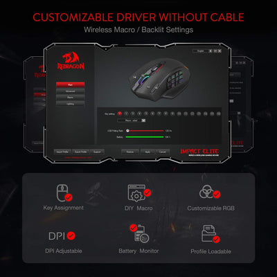 Redragon M913 Impact Elite Wireless Gaming Maus, 16000 DPI Verkabelte/Kabellose RGB Maus mit 20 Programmierbaren Tasten, 45 Std. Batteriebetrieb und Optischem Pro-Sensor, 12 Seitentasten MMO-Maus