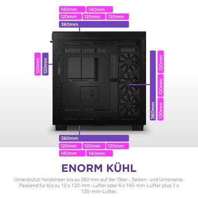 NZXT H9 Flow - CM-H91FB-01- Dual-Chamber ATX Mid-Tower PC-Gaming-Gehäuse - High-Airflow-perforiertes Top-Panel - Front- und Seitenteile aus gehärtetem Glas - 360mm Radiator Unterstützung - Schwarz