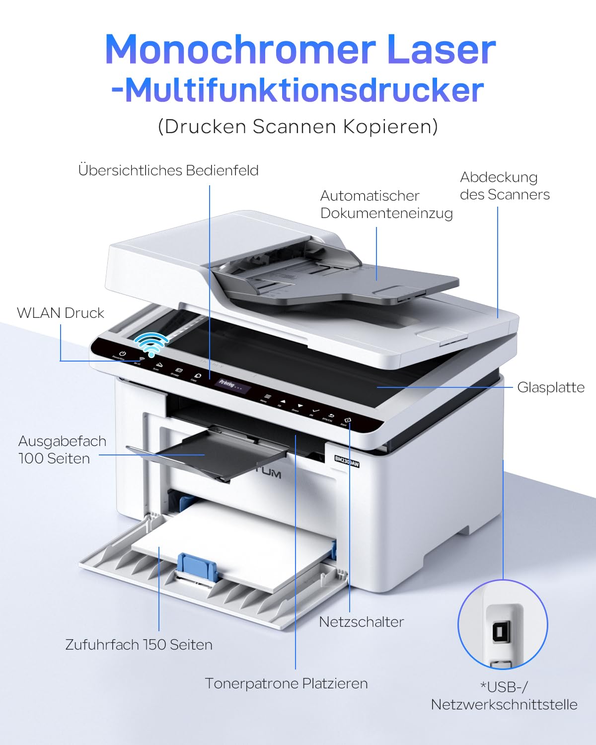 PANTUM BM2309AW Multifunktions-Laserdrucker, Schwarz-Weiß, Drucken Scannen Kopieren 3in1 mit ADF, WLAN &USB, A4, 20ppm, Inklusive 500-Seiten-Starter-Tonerkartusche