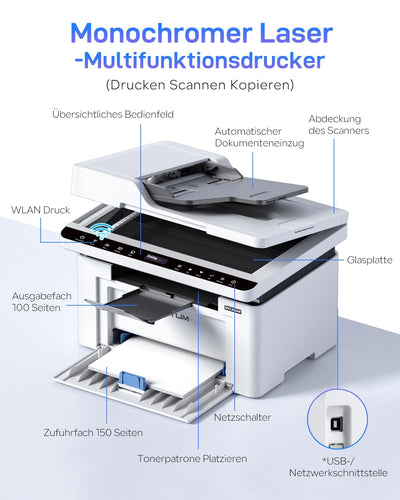 PANTUM BM2309AW Multifunktions-Laserdrucker, Schwarz-Weiß, Drucken Scannen Kopieren 3in1 mit ADF, WLAN &USB, A4, 20ppm, Inklusive 500-Seiten-Starter-Tonerkartusche