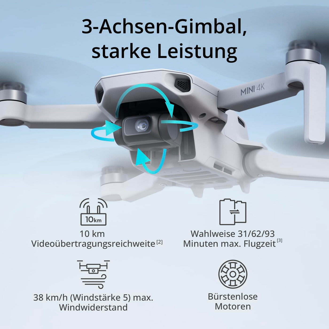 DJI Mini 4K Drohne mit 4K UHD Kamera Für Erwachsene, 3-Achsen-Gimbal-Stabilisierung, C0, QuickShots, 10 km Videoübertragung, Autom. Rückkehr, Windstabil, 1 Akku (31 min Flugzeit), Unter 249g