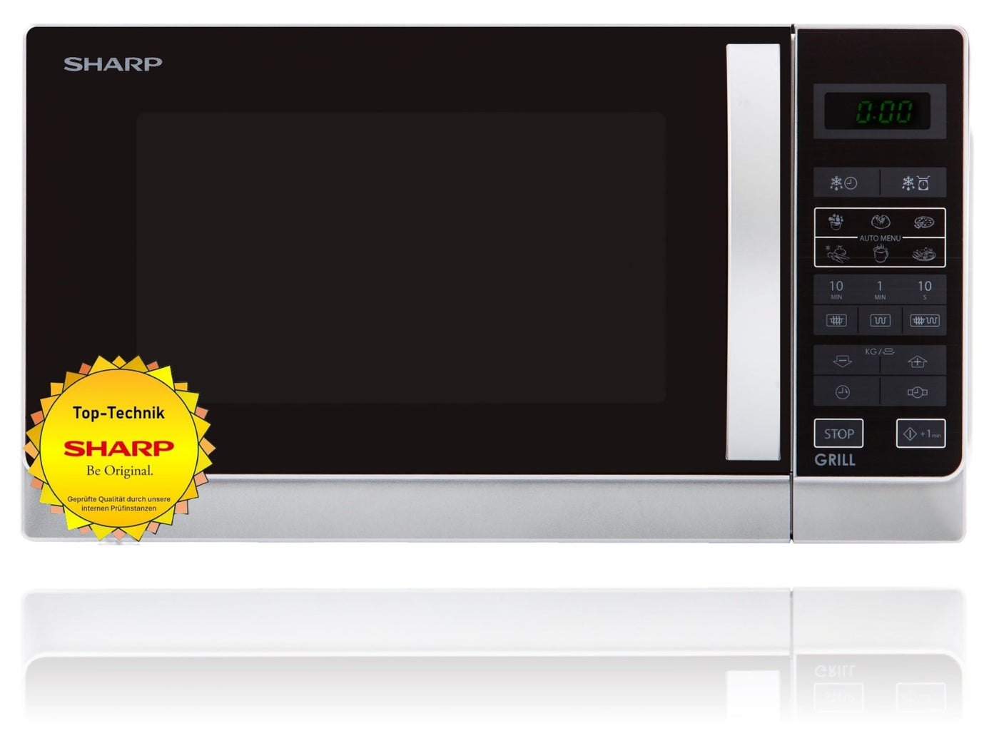 Sharp R642INW 2-in-1 Mikrowelle mit Grill/ 20 L/ 800 W/ 1000 W Quarzgrill/ 8 Automatikprogramme/ Timer/ Kindersicherung/ Energiesparmodus/ Glasdrehteller (25, 5 cm)/ silber