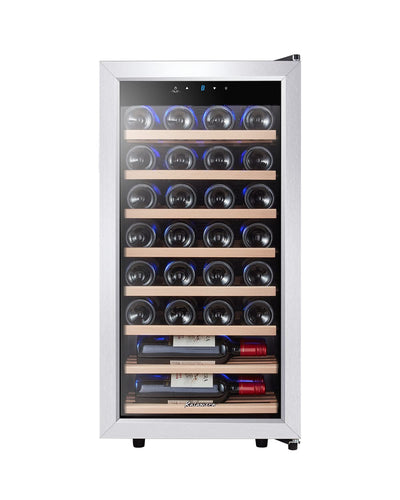 Kalamera Weinkühlschrank, 28 Flaschen 86 Liter, Touch-Bedienfeld, Edelstahl Glastür, 5-18°C Kühlzone, Abnehmbar Holzauflagen, KRC-86FCSS-W