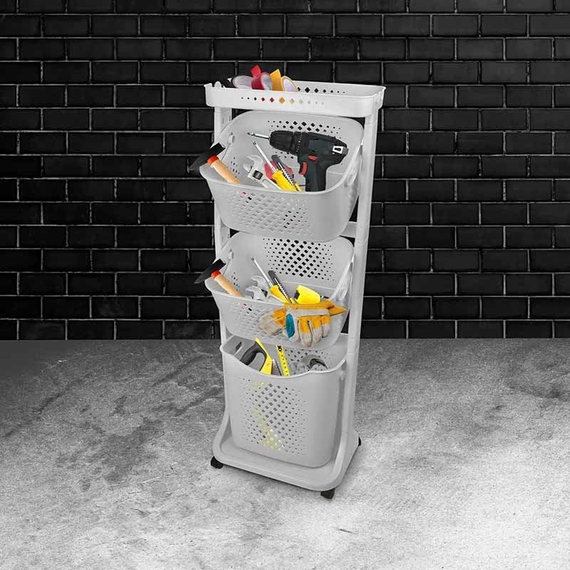 Wäschekorb 3 Fächer Wäschekorbwagen mehrstöckig Kunststoff Wäschekorb mit Rollen Laundry Basket Kunststoffkorb für Wäsche Wäschebox Wäschesammler Aufbewahrung hellgrau