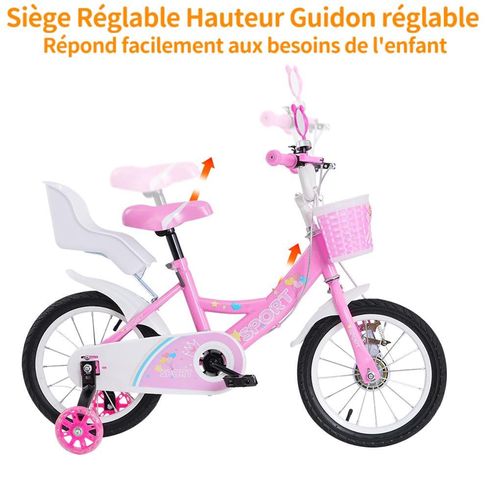 OHMG Mountainbike 12/14/16 Zoll für Mädchen, Rahmen aus Karbonstahl, Mountainbike, Jugendrad, Lenker und Sattel höhenverstellbar, für Kinder von 1 bis 9 Jahren (Rosa, 14 Zoll)