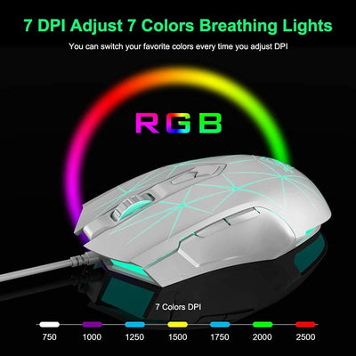 Kabelgebundene RGB Gaming Maus, 7 Tasten mit 2500 DPI, ergonomische LED-beleuchtete USB-Gamer-Mäuse Computer Laptop-PC, für Windows Mac OS Linux - Star Weiß