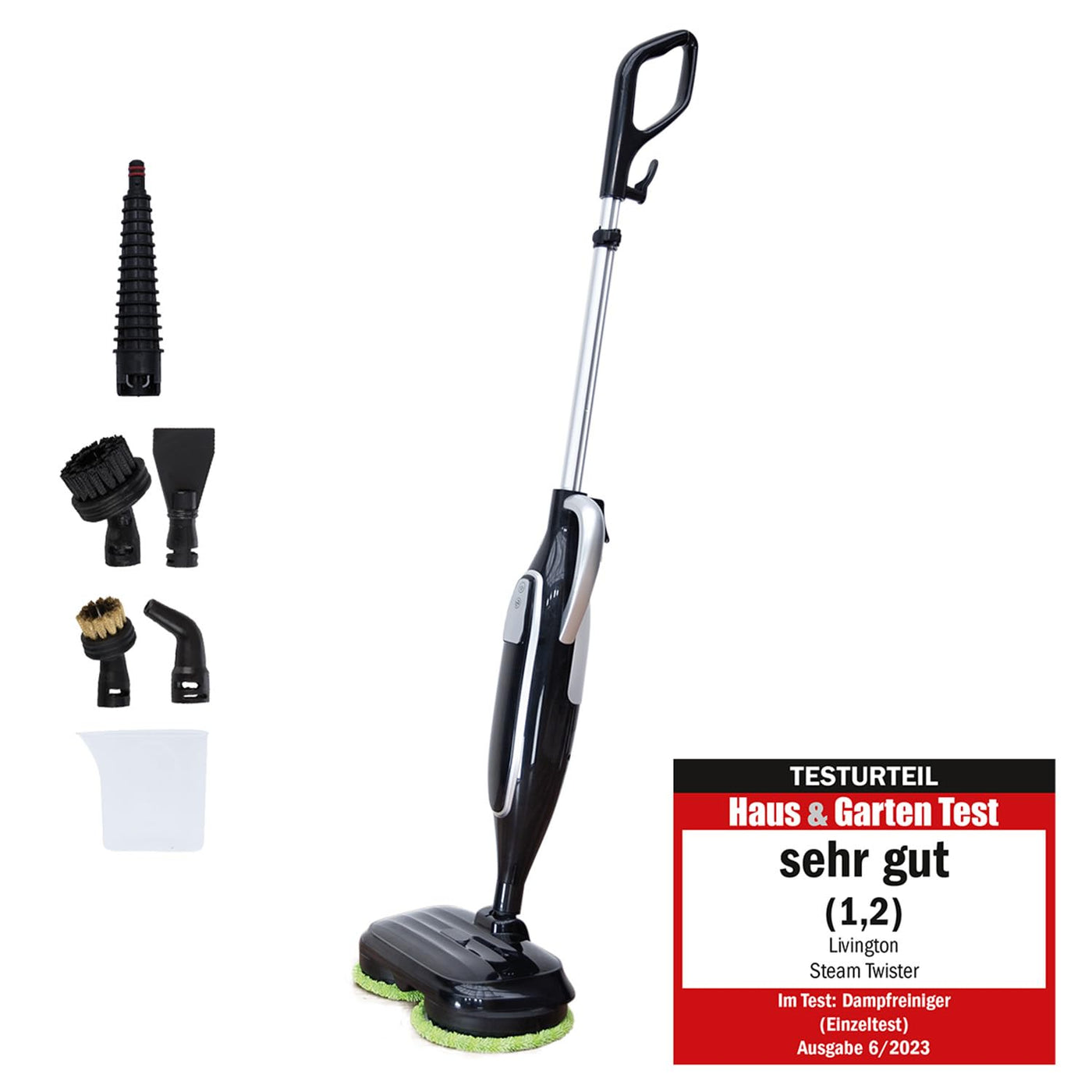 Livington Steam Twister schwarz - rotierender Dampfreiniger inkl. Zubehör - Dampfbesen & Handdampfreiniger - Entfernt bis zu 99,9% der Bakterien - elektrischer Bodenwischer mit Wassertank