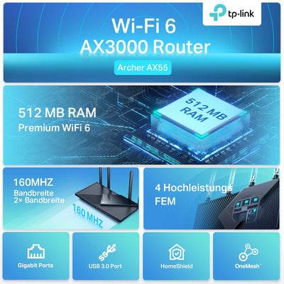 TP-Link Archer AX55 Wi-Fi 6 WLAN Router, 2402 Mbit/s 5 GHz, 574 Mbit/s 2,4 GHz, 4 × Gigabit LAN-Ports, 1 × USB 3.0 Port, unterstützt keine DSL-Funktion, Schwarz