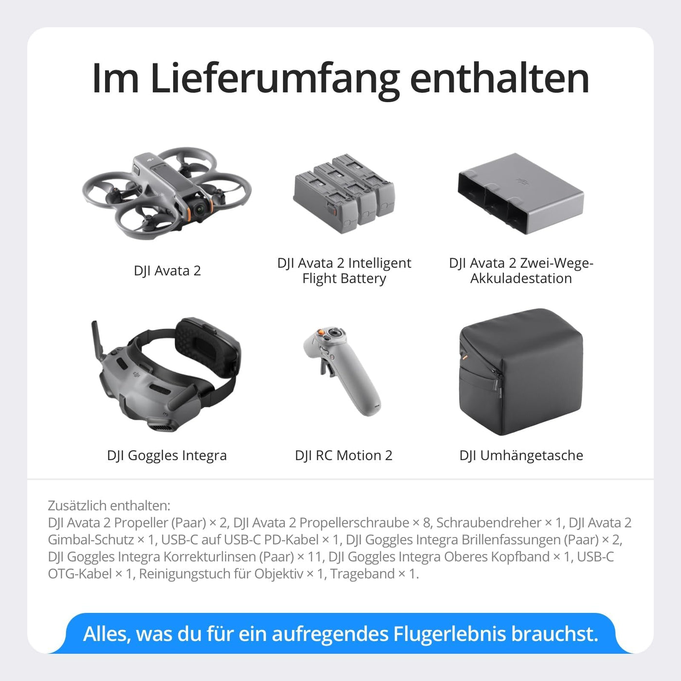 DJI Avata 2 Explorer Combo (3 Akkus), FPV-Drohne mit Kamera 4K, Immersive Experience, One-Push-Akrobatik, Integrierter Propellerschutz, 155° FOV, Kameradrohne mit Goggles Integra und RC Motion 2