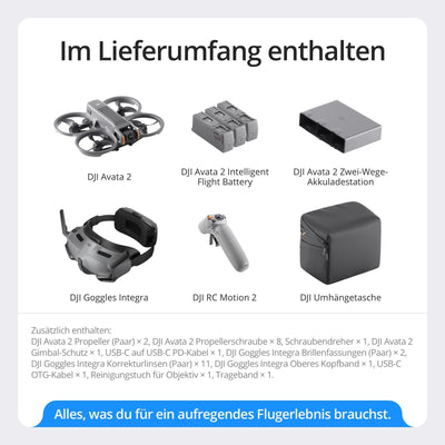 DJI Avata 2 Explorer Combo (3 Akkus), FPV-Drohne mit Kamera 4K, Immersive Experience, One-Push-Akrobatik, Integrierter Propellerschutz, 155° FOV, Kameradrohne mit Goggles Integra und RC Motion 2
