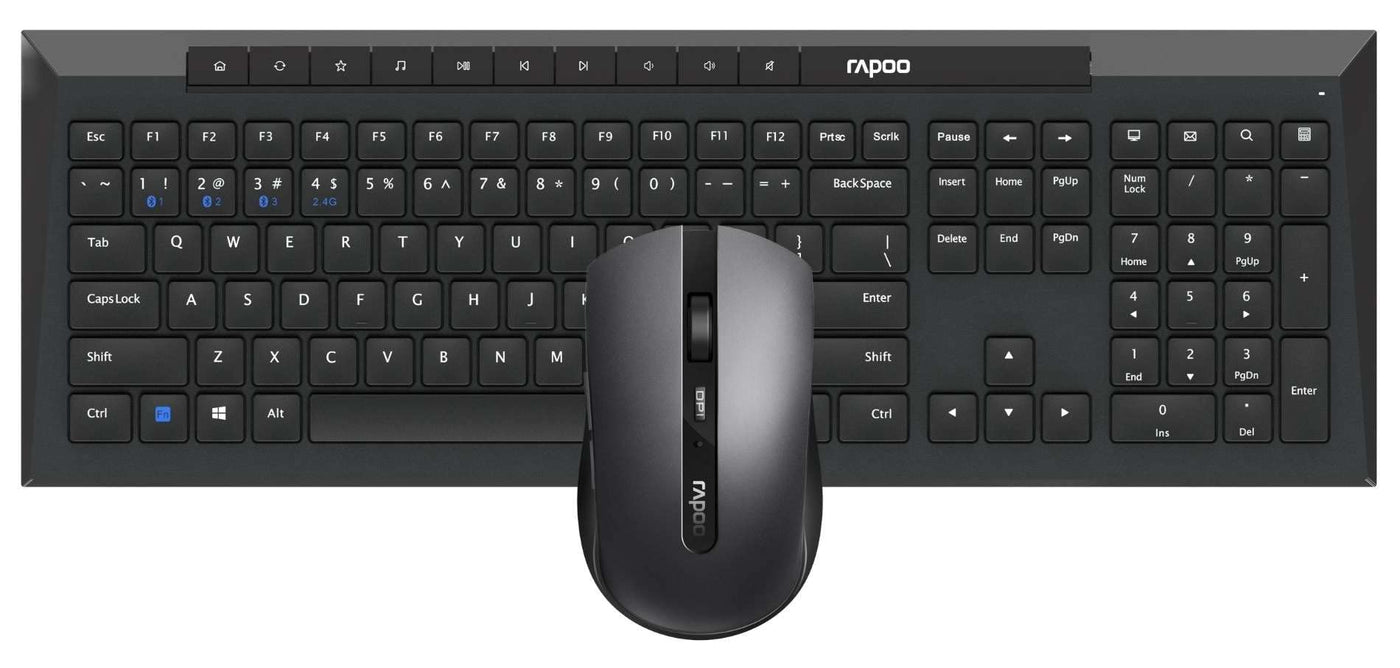 RAPOO | Kabellose Tastatur und Maus 8210M (drahtloses Multi-Mode-Desktop-Set, Anschluss an bis zu 3 Geräte, robust, Lange Akkulaufzeit), Schwarz