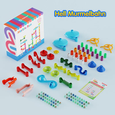 Murmelbahn Kinderspiel - 110PCS Mehrfarbige Kugelbahn Marble Run Set mit Spannende Bahnelementen und Glasmurmeln, kinderspiel Geschenk für Kinder Mädchen Jungen 3-12 Jahren