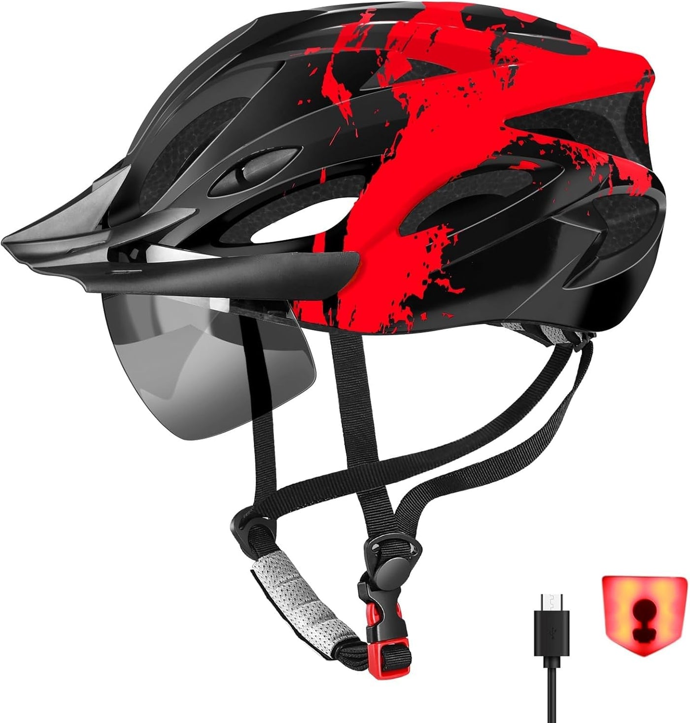 RaMokey Fahrradhelm Erwachsene mit Licht,Radhelm, Cityhelm Urban Fahrradhelm für Herren Damen mit Abnehmbarer Magnetische Schutzbrille Visier, Fahrrad Helm mit 18 Belüftungskanäle57-62cm (Red)