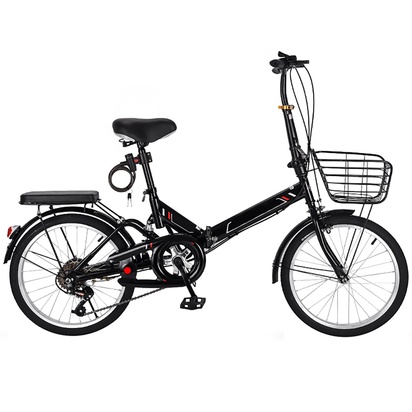 JTBDWOSK Faltbares Fahrrad 20/22 Zoll Klappfahrrad Rahmen aus Kohlenstoffstahl Klapprad V Bremse 7 Geschwindigkeit Schnellfaltsystem mit Rücklicht und Autokorb,Schwarz,20in