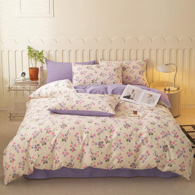 Nayoroom Bettwäsche 140x200 Lila Beige Violett Blumen Blümchen Floral Wende Bettwäsche Set Microfaser 2teilig, Aesthetic Mädchen Geblümt Bettbezug und 1 Kissenbezug 70x90 cm mit Reißverschluss