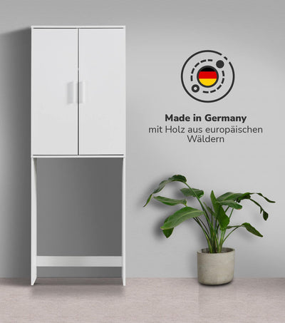 mokebo® Waschmaschinenschrank für Waschmaschinen & Trockner 'Der Saubermann', Überbau oder Überbauschrank mit Türen in Weiß aus Holz, auch als Toilettenregal oder WC-Regal in 65x180x34cm (B/H/T)