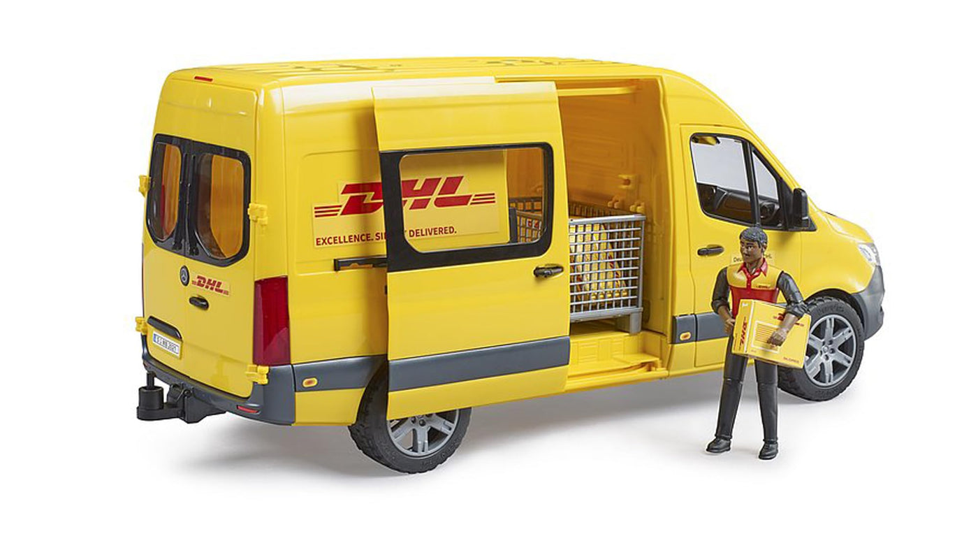 bruder 02671 - MB Sprinter DHL mit Fahrer inkl. Gitterbox mit Versandpaketen - 1:16 Versand & Logistik Fahrzeug Transporter Paket-Dienst Lieferwagen