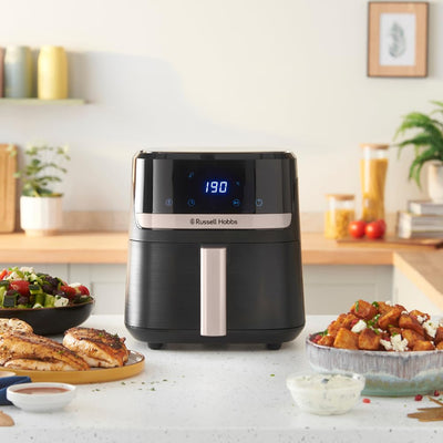 Russell Hobbs Heißluftfritteuse L 4,3L Rapid AirFryer [sehr kleines Gehäuse, sehr leise, 9 Programme] SatisFry (spülmaschinenfest, Fritteuse ohne Öl, TouchScreen, Grillen, Backen, Braten etc) 27610-56