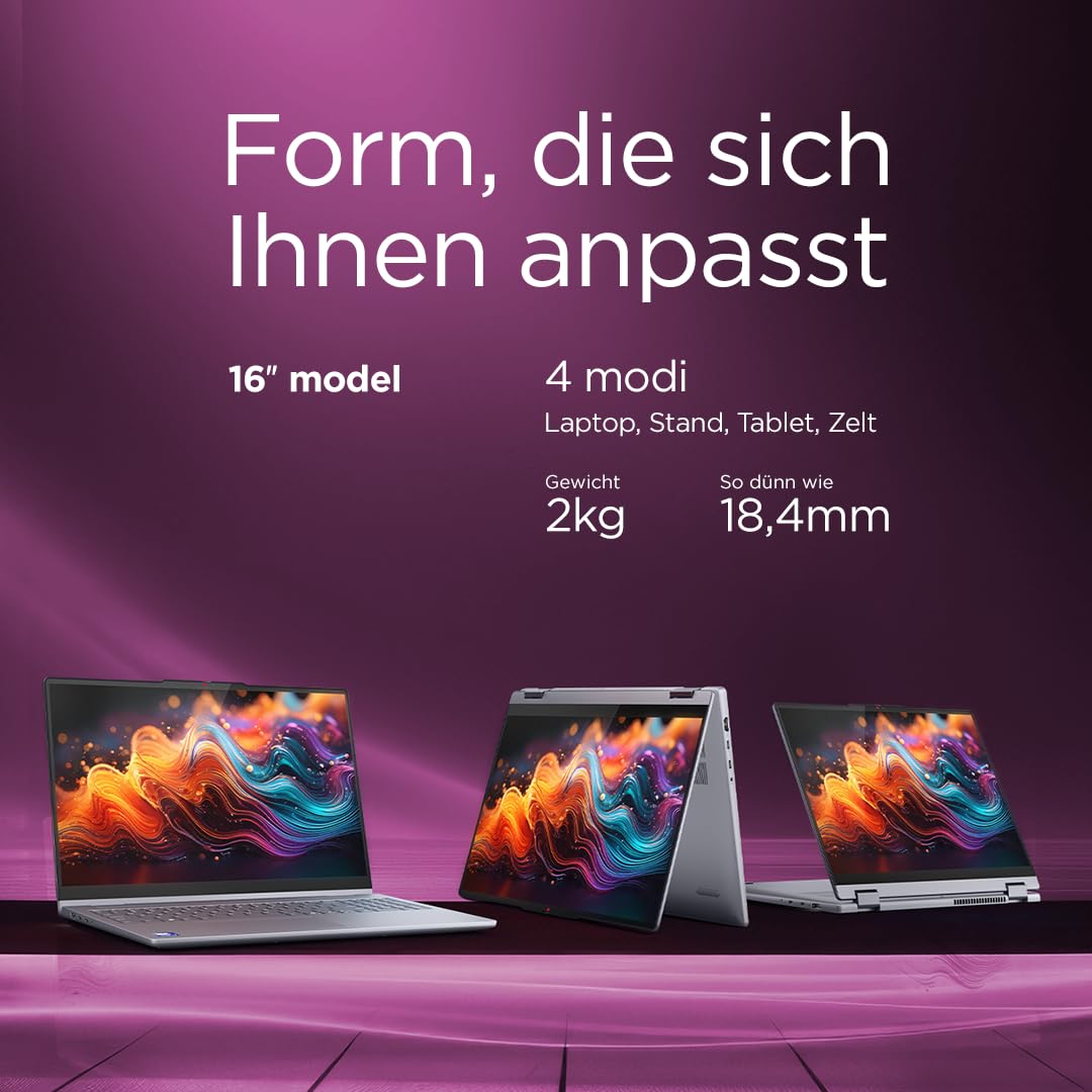 Lenovo IdeaPad 5 2-in-1 Laptop | 16" WUXGA Display | Intel Core Ultra 5 | 16GB RAM | 512GB SSD | Intel Grafik | Windows 11 Home | QWERTZ | Luna Grey | 3 Monate Premium Care