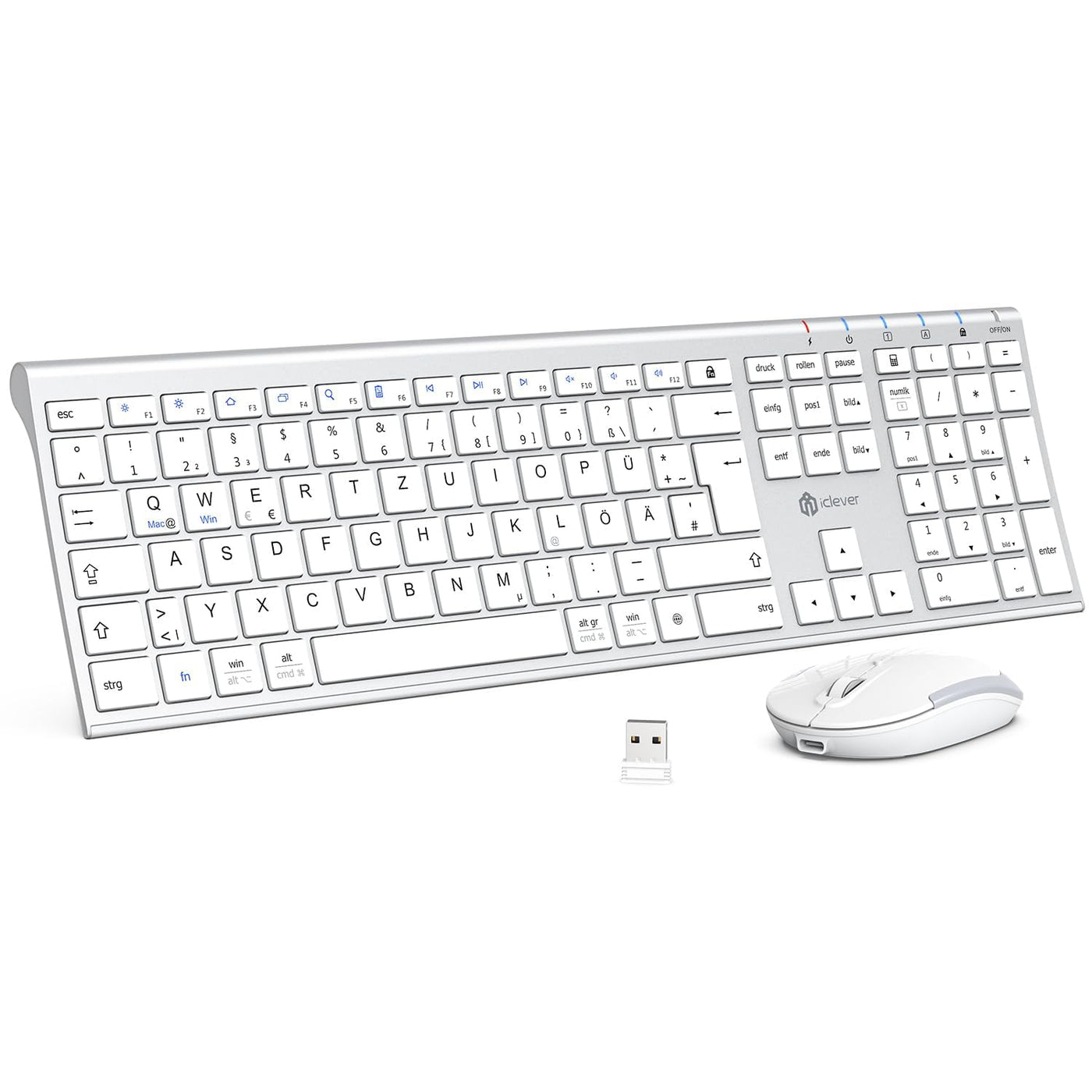 iClever kabellose Tastatur und Maus Set, 2.4G kabellose Tastatur und Maus, USB-C wiederaufladbar, Originalgröße, schlanke, dünne und widerstandsfähige Tastatur für Windows 7/8/10, Mac OS