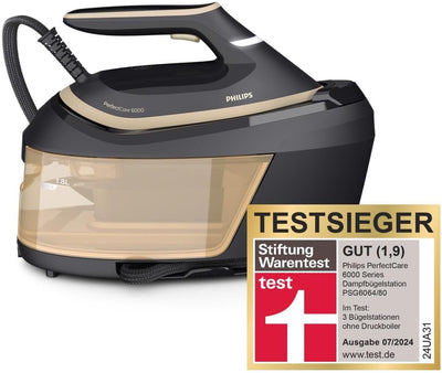 Philips PerfectCare 6000 Dampfbügelstation - 2400 Watt, 600 g Dampfstoß, 8 Bar, OptimalTEMP-Technologie, 1,8 l Wassertank, Schwarz/Gold (PSG6064/80)