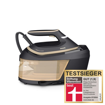 Philips PerfectCare 6000 Dampfbügelstation - 2400 Watt, 600 g Dampfstoß, 8 Bar, OptimalTEMP-Technologie, 1,8 l Wassertank, Schwarz/Gold (PSG6064/80)