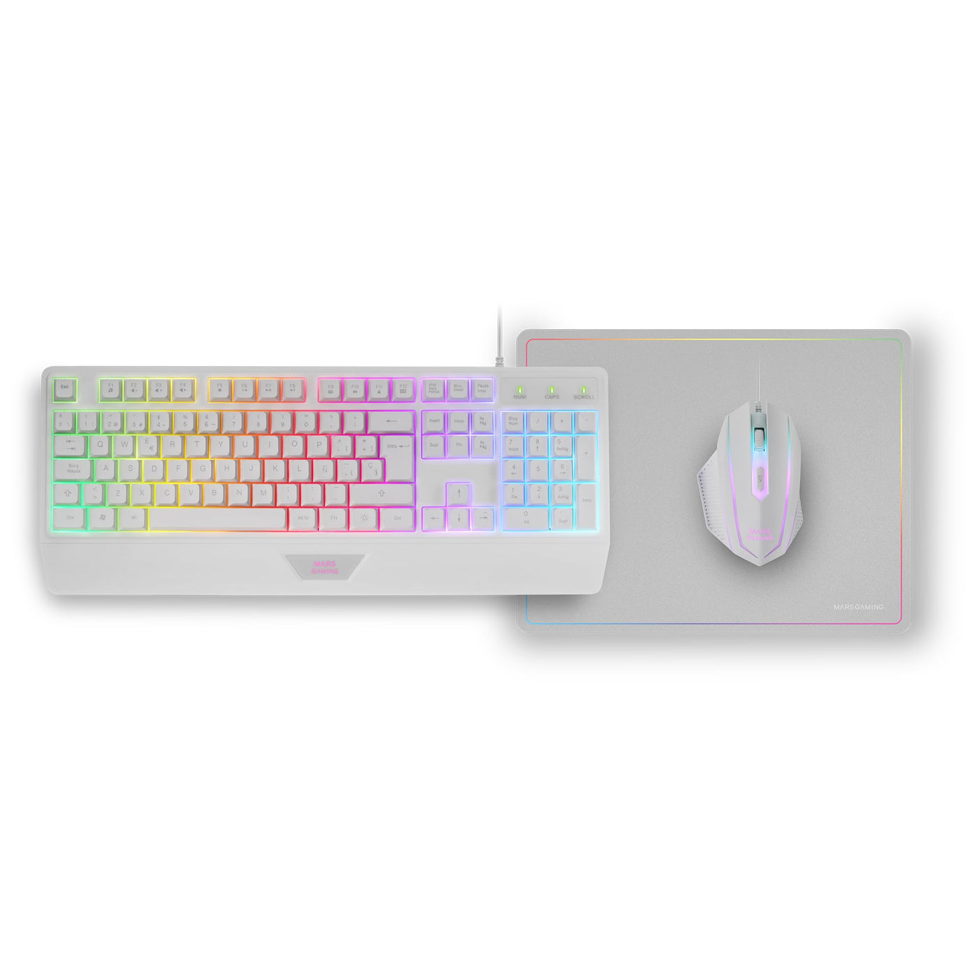 MARSGAMING MCP124, 3in1 Gaming Combo, Ergonomische H-Mech LED RGB Tastatur, RGB Maus 3200DPI HUANO Switches, Nanotextil-Mauspad 360x260mm, Multiplattform-Kompatibilität, Spanisches Layout, Weiß