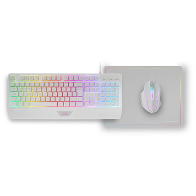 MARSGAMING MCP124, 3in1 Gaming Combo, Ergonomische H-Mech LED RGB Tastatur, RGB Maus 3200DPI HUANO Switches, Nanotextil-Mauspad 360x260mm, Multiplattform-Kompatibilität, Spanisches Layout, Weiß